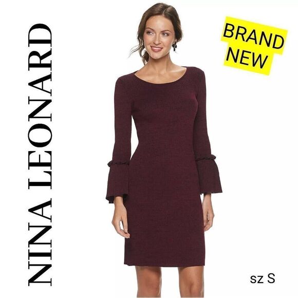 Nina Leonard Red Wine Bell Sleeve Ribbed Sweater Dress BRAND NEW - Picture 1 of 12